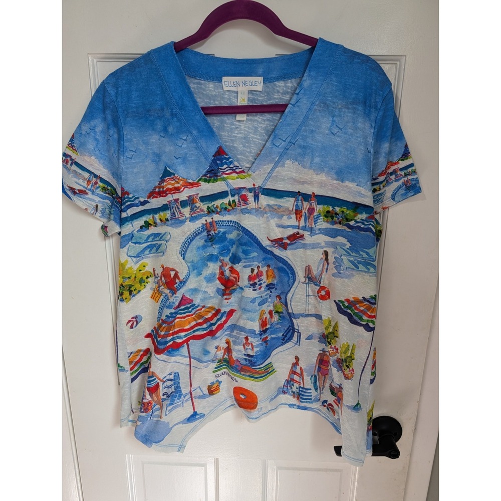Ellen Negley Womans Asymmetrical Hem Short Sleeve Top Multicolor Petite XL